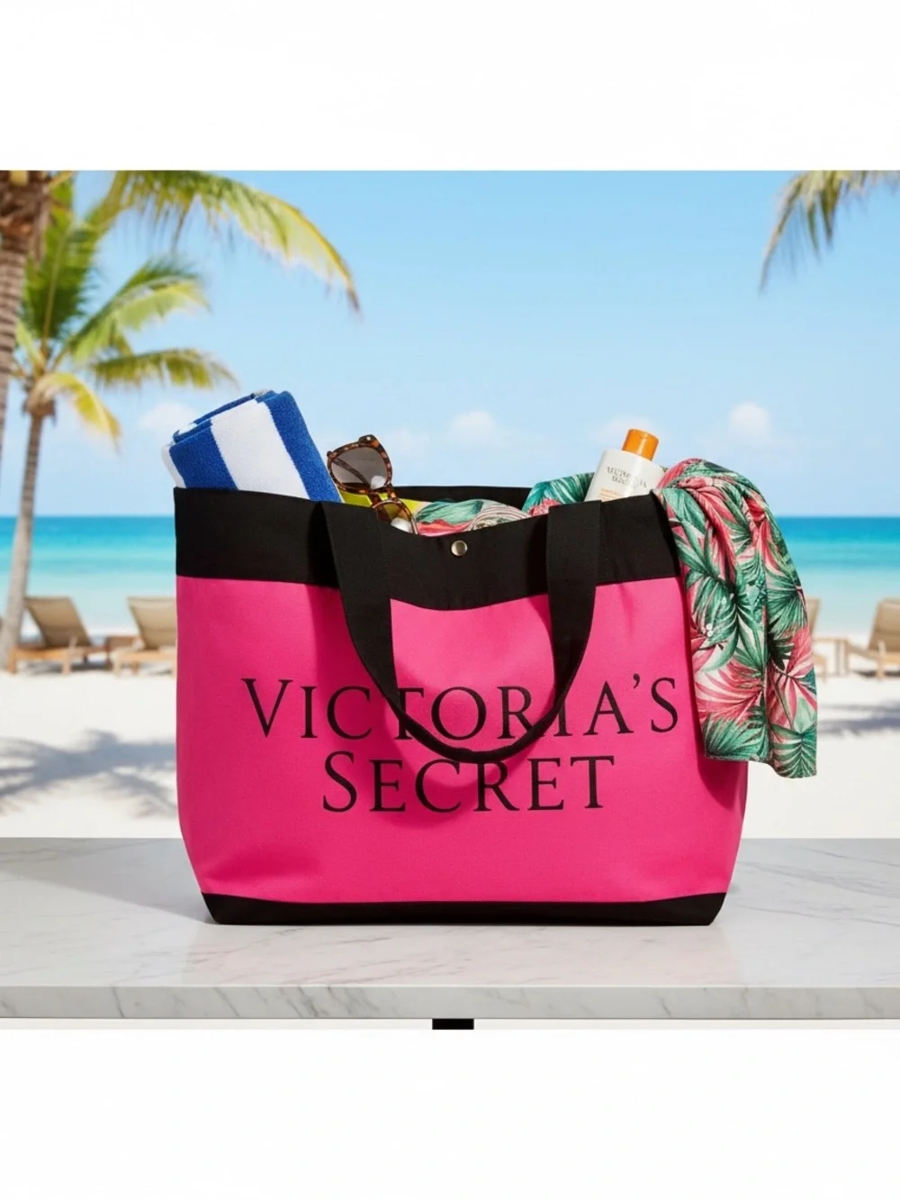 Victoria's Secret LARGE Canvas Hot Pink & Red Tote with Black Trim